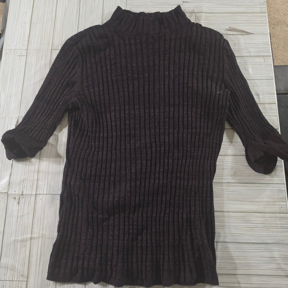 Style & Co Womens XL Mock Neck Ribbed Knit Top Dark Purple Black Elbow Sleeve